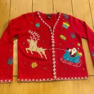Women’s Christmas Red Santa Reindeer Decorated  Embroidered Cardigan Sweater S/M